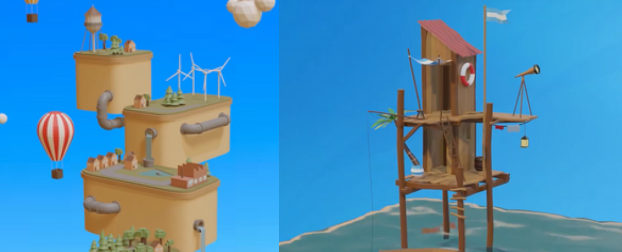 Low-poly floating islands with wind turbines and a stilt house on the sea