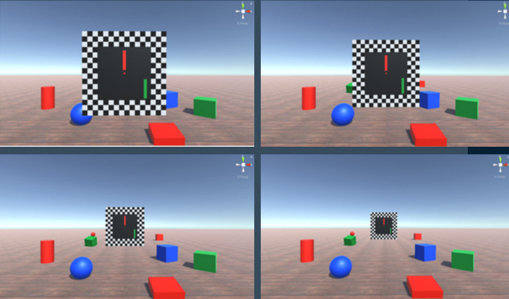 Four Unity scenes from the VR Disparometer showing a checkerboard target at different depths among colored shapes