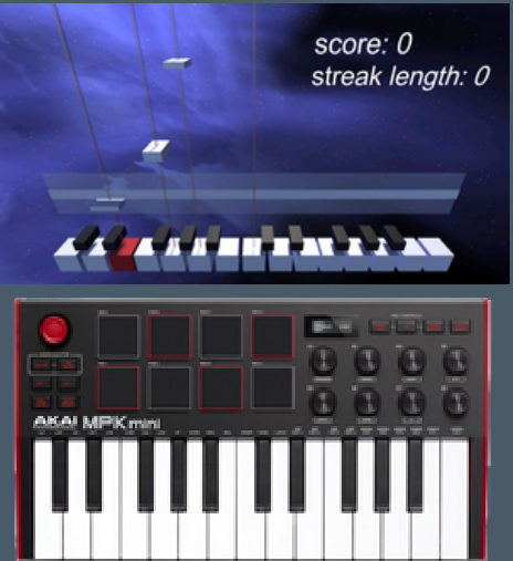 Falling-note piano game above an AKAI MPK mini MIDI keyboard