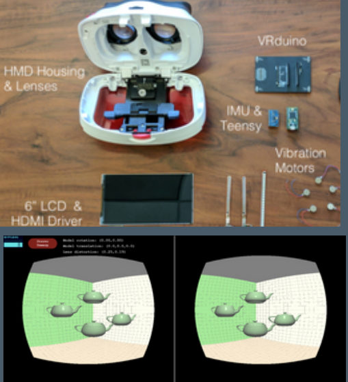 Disassembled DIY VR headset parts labeled HMD housing, VRduino, IMU, Teensy and LCD, above a stereo teapot render