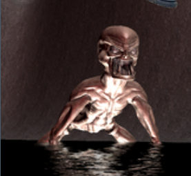 A creature rising from dark water in a horror game scene