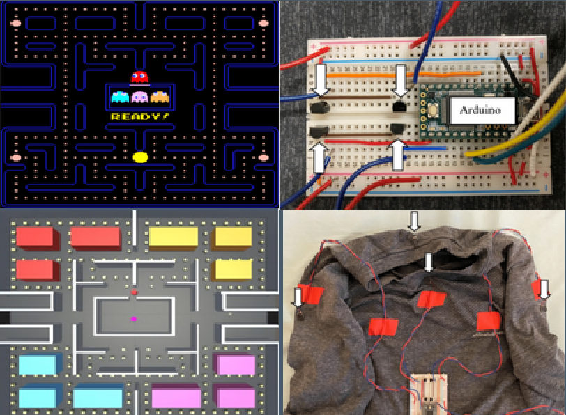 Pac-Man maze, a first-person 3D maze, an Arduino breadboard, and a shirt wired with vibration motors