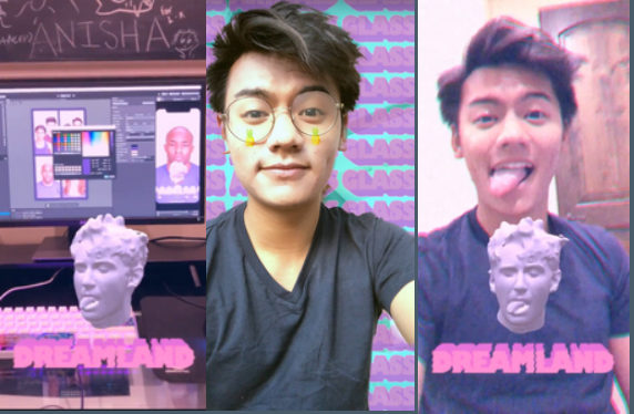 Snapchat lenses with a Dreamland logo and a 3D bust sticking out its tongue