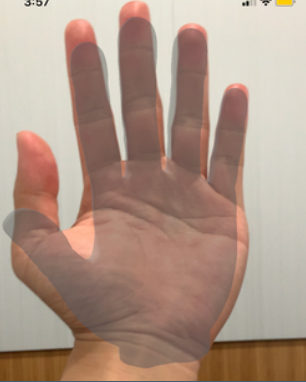Phone screen showing a translucent AR hand pose overlaid on a user's real hand