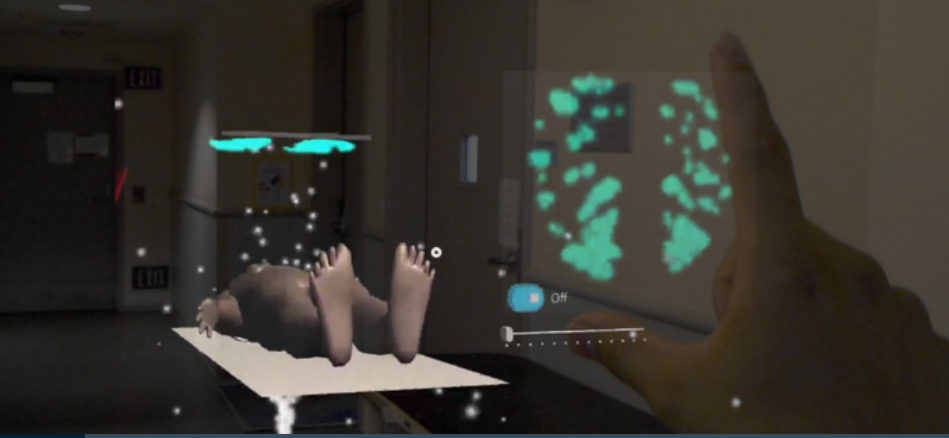 HoloLens view of scattered x-ray particles above a patient model on an operating table, with a dosage heat map panel